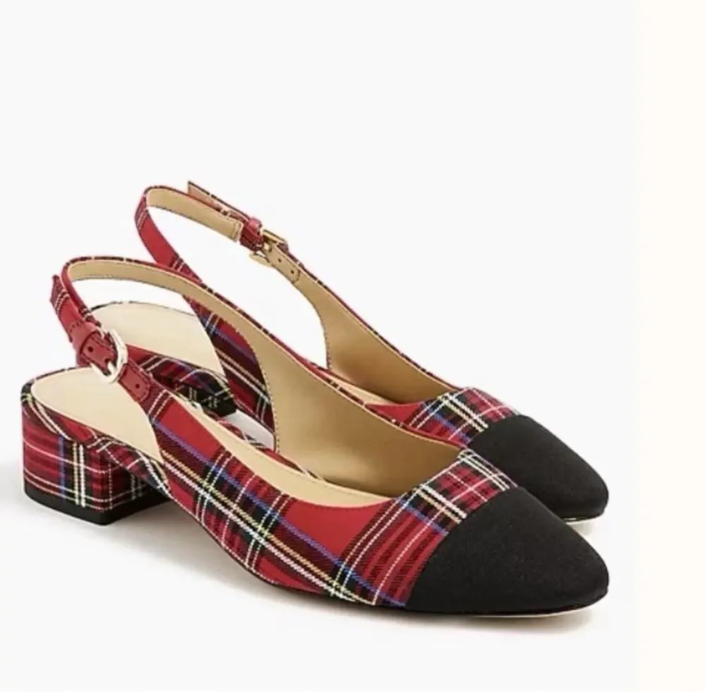 J.Crew Tartan Cap Toe Holiday Low-Heel Slingback Flat Red Black Plaid 8.5 M